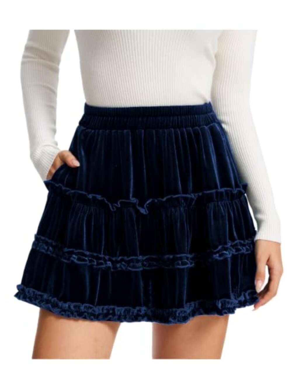 Velvet Tiered Skater Mini Skirt Ruffle High Waist Elastic